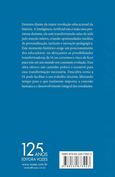 Capa traseira azul de livro sobre inteligência artificial na educação com texto, logotipo e código de barras