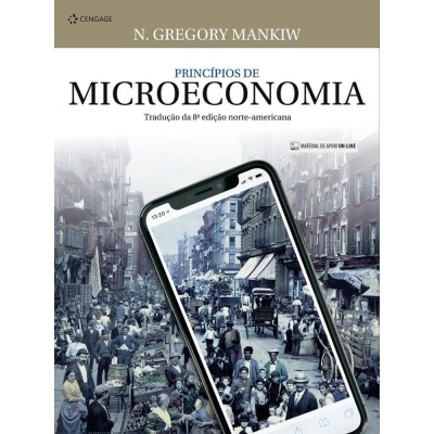 Capa de livro Princípios de Microeconomia de N. Gregory Mankiw com imagem de rua antiga no ecrã de smartphone