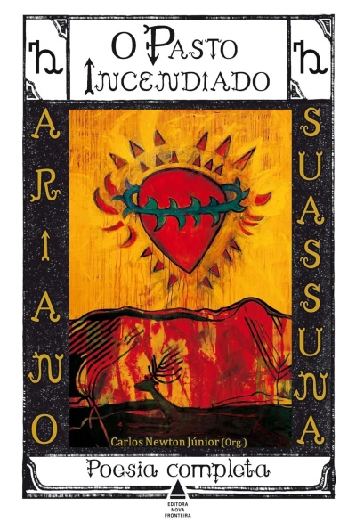 Capa do livro O Pasto Incendiado com design artístico vermelho, amarelo e preto e texto em português.