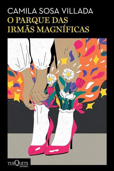 Ilustração colorida de mãos a calçar meia branca em sapatos rosa com flores a sair de dentro das meias.