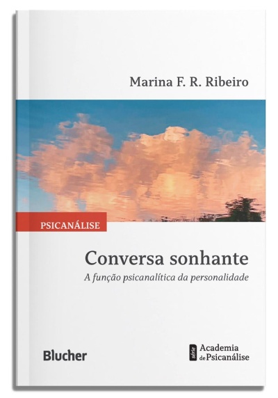 Capa de livro com nuvens cor de rosa no céu azul e texto em português sobre psicanálise.