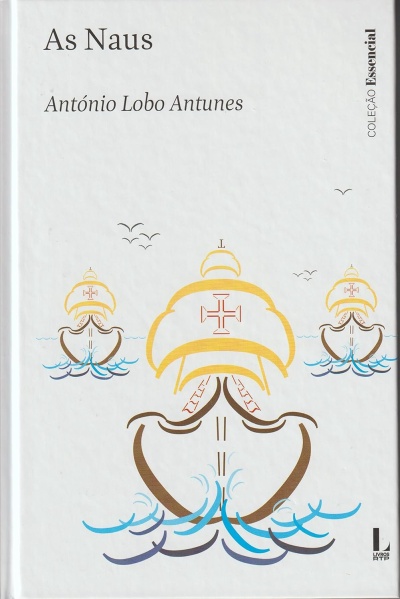 Capa de livro branca com ilustração de naus e texto em preto.