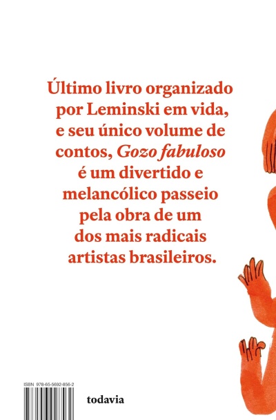 Contracapa de livro com texto em português, ilustração de mãos cor de laranja e logotipo da editora Todavia.