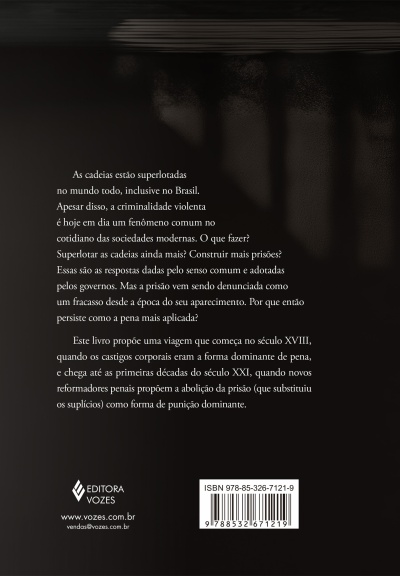 Contracapa de livro preto com texto em português sobre prisões, logo da Editora Vozes e código de barras