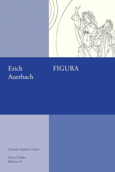 Capa de livro Figura de Erich Auerbach em tons de azul e branco com desenho a linha de duas figuras