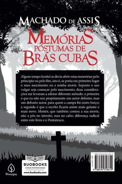 Capa traseira do livro Memórias Póstumas de Brás Cubas de Machado de Assis com árvores e cruz em fundo cinza