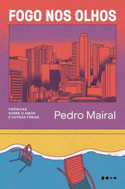 Capa do livro FOGO NOS OLHOS com edifícios e cadeiras vermelhas caídas junto a água azul