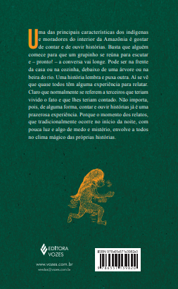 Contracapa de livro verde escuro com texto em português, ilustração amarela de personagem indígena e logotipos.
