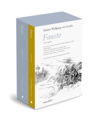 Caixa de livro Fausto de Goethe com duas volumes, lombadas azul e amarelo, ilustração a preto e branco.