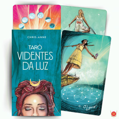 Baralho de tarô TARÔ VIDENTES DA LUZ com caixa azul e cartas ilustradas.