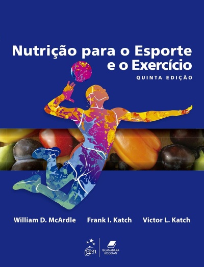 Capa de livro colourida sobre nutrição no desporto com ilustração de atleta e frutas