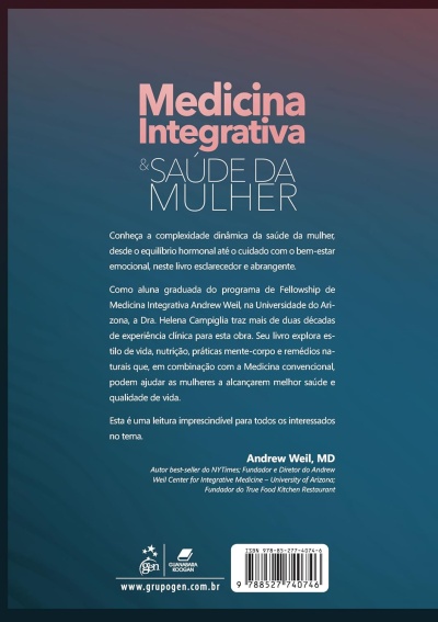 Página de livro com texto sobre Medicina Integrativa e Saúde da Mulher e código de barras ISBN no fundo azul