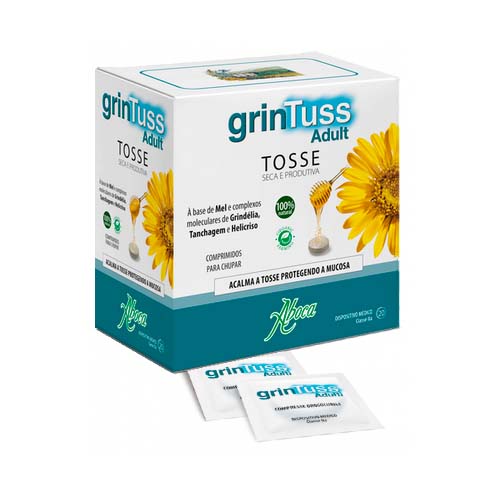 Grintuss Adulto Comprimidos p/chupar X 20 Produto grintuss Adult para tosse seca e produtiva com embalagem azul e branca com flor amarela