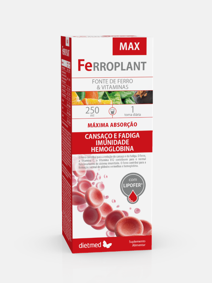 Ferroplant Max 250ml Embalagem de suplemento alimentar Ferroplant MAX com texto vermelho e branco