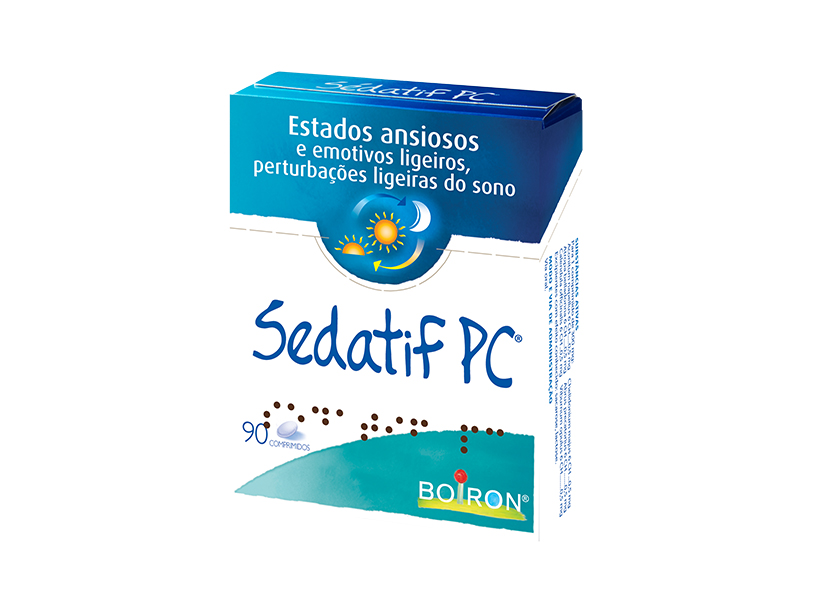 Sedatif PC 90 Comprimidos Caixa de comprimidos Sédatif PC da Boiron com texto sobre estados ansiosos e perturbações do sono