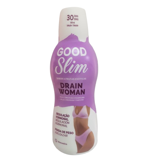 Good Slim Drain Woman 600ml Frasco roxo de suplemento dietético Good Slim Drain Woman com tampa branca e imagem de mulher