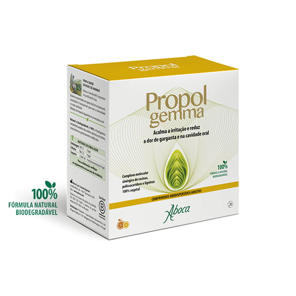Propolgemma 20 comp orodispersíveis Caixa do produto Propol gemma da Aboca com design branco e amarelo e texto informativo