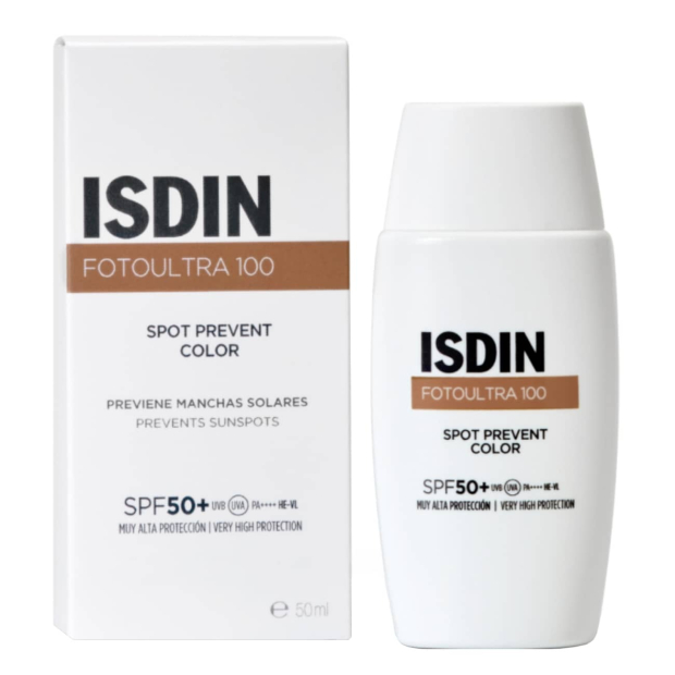 ISDIN FOTOLULTRA 100 SPOT PREVENT COLOR embalagem e frasco branco com texto preto e detalhes em marrom