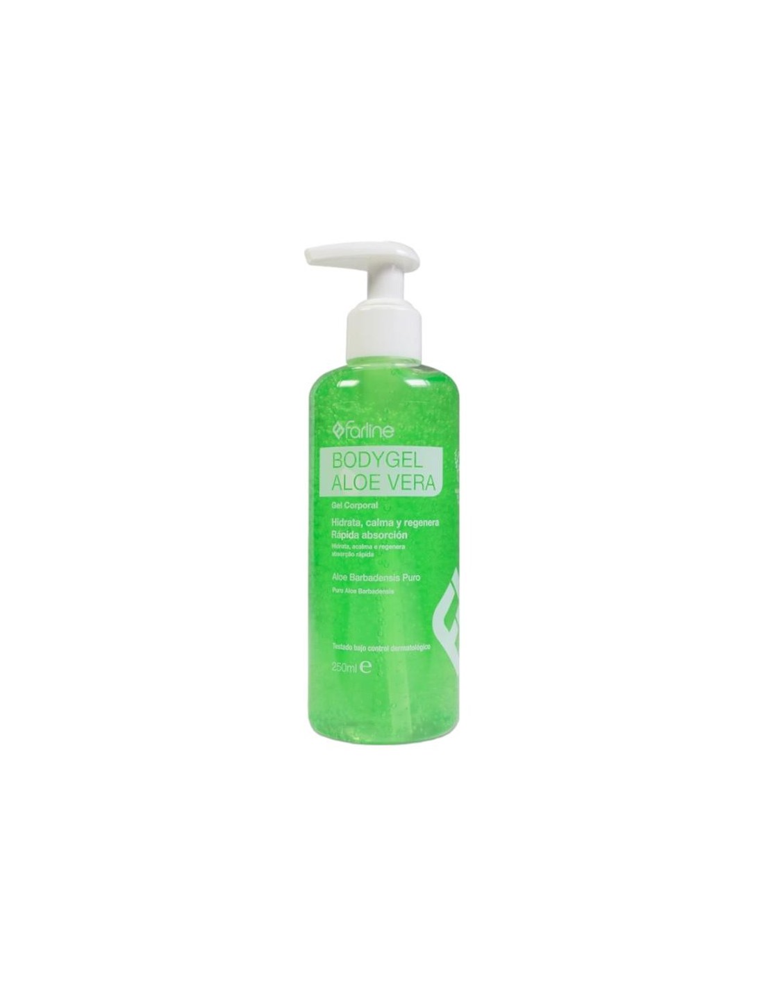 Farline Gel Hidratante Aloe Vera 250ml Frasco de body gel aloe vera Farline com doseador branco e gel verde