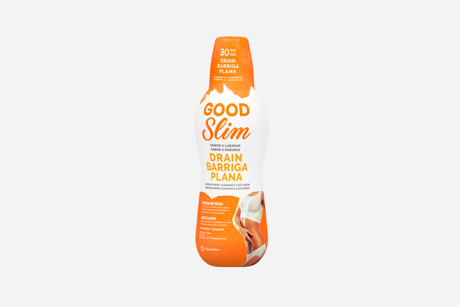 Good Slim Drain Barriga Plana 600ml Frasco de suplemento GOOD Slim com rótulo branco e laranja