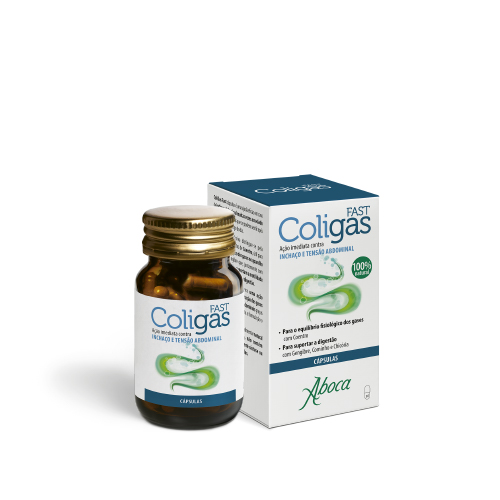 Coligas Fast 30 cápsulas Frasco de cápsulas Coligas FAST da Aboca junto à caixa do produto sobre fundo branco.