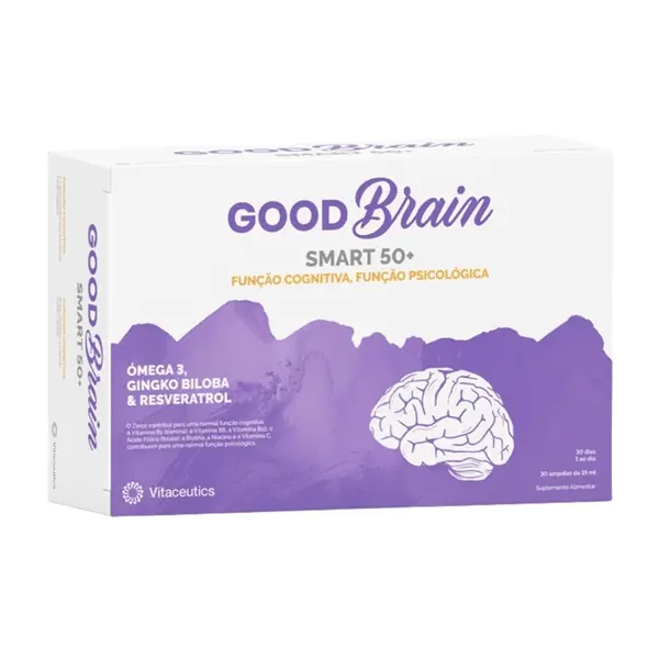 Good Brain Smart 50+ 30 Ampolas Embalagem de suplemento GOOD Brain SMART 50+, branco e roxo com texto e imagem de cérebro.
