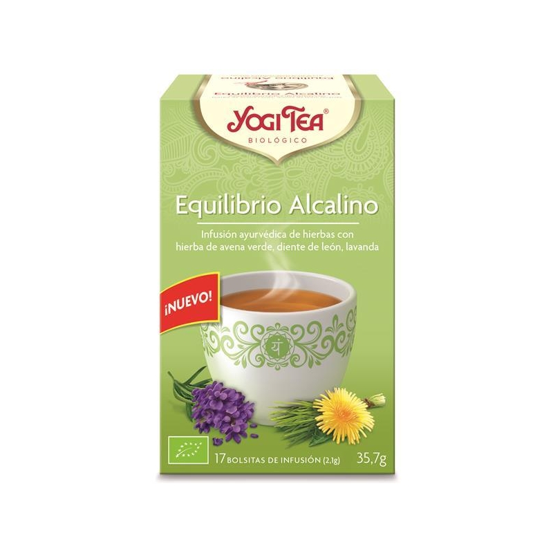 Yogi Tea Equilíbrio Alcalino 17 Saquetas Caixa de chá Yogi Tea Equilibrio Alcalino com infusão ayurvédica e imagens de chávena e flores