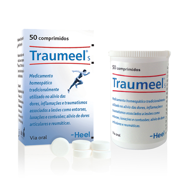 Traumeel S 50 Comprimidos Caixa e frasco de comprimidos Traumeel S branco com texto azul