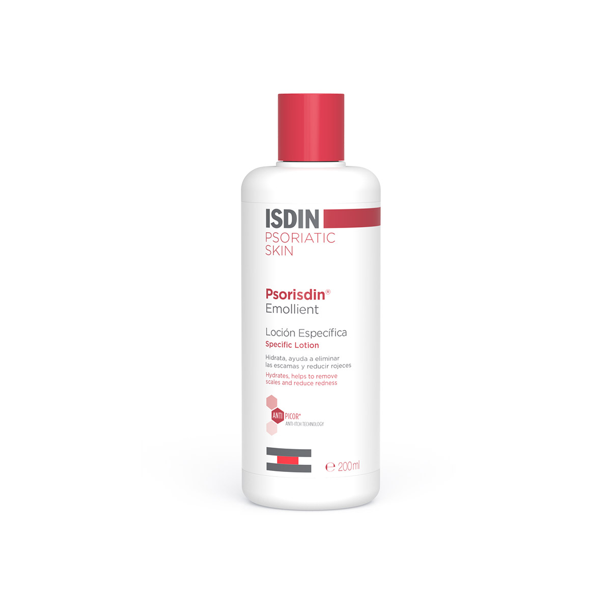Isdin Psorisdin Loção Emoliente 200ml Frasco branco com tampa vermelha de loção Psorisdin da ISDIN para pele psoriásica, 200 ml