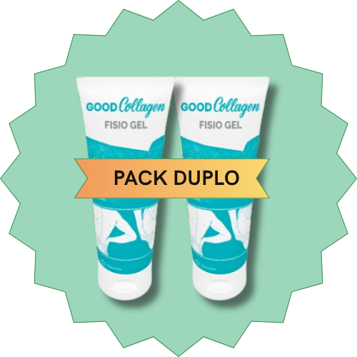 Pack Good Collagen Fisio Gel efeito Frio 150ml Dois tubos de GoodCollagen Fisio Gel com etiqueta 'PACK DUPLO' em fundo verde claro