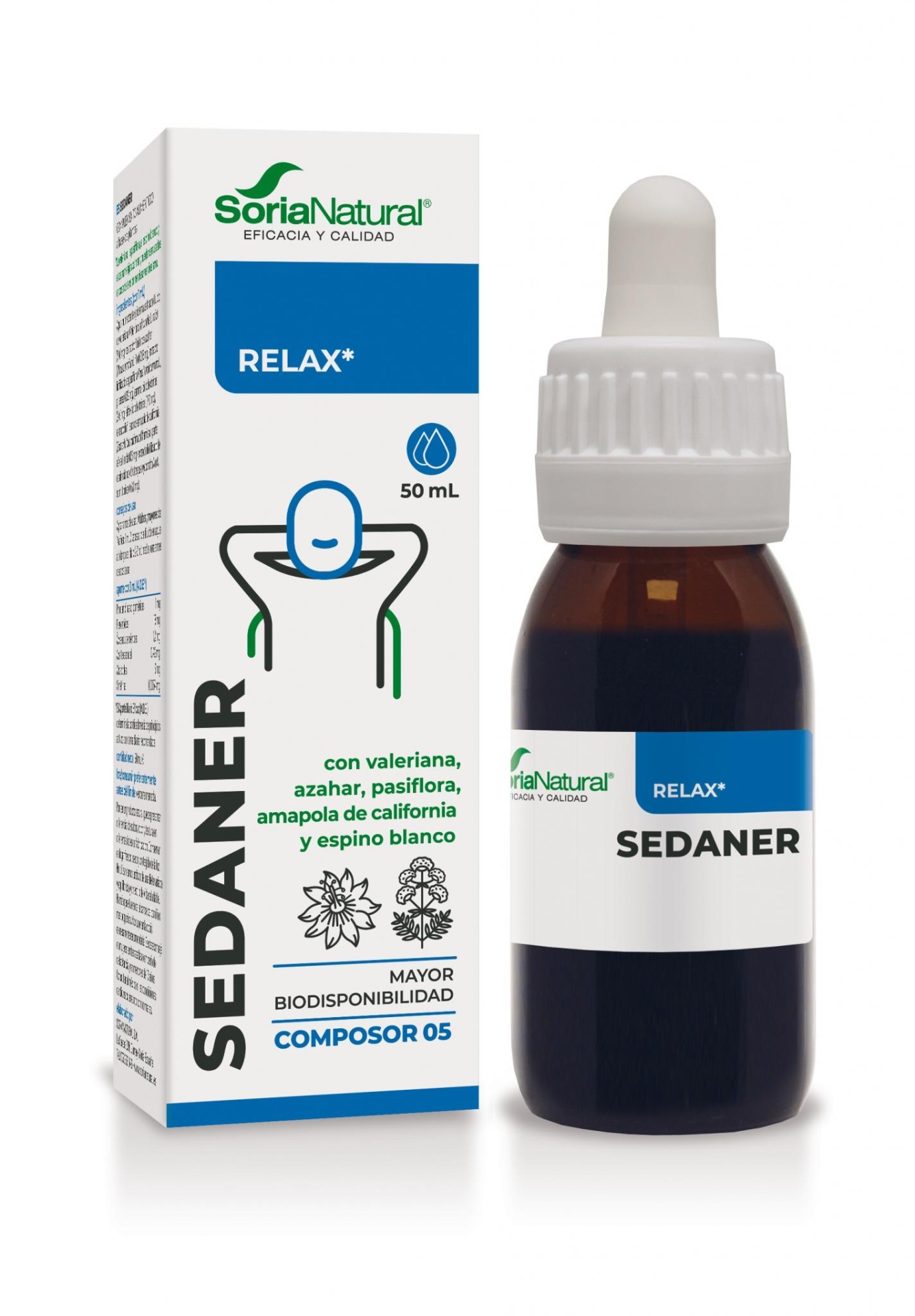 Composor 05 - Sedaner Complex 50 ml Frasco de 50 mL de SEDANER RELAX da Soria Natural com embalagem cartonada ao lado.