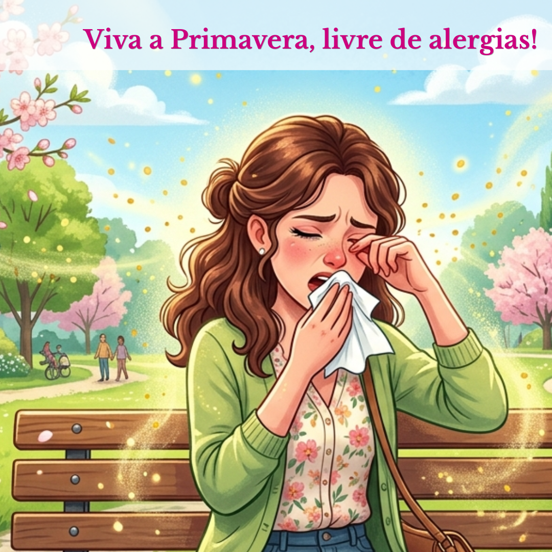 Mulher com alergias na primavera sentada num banco de parque com flores e árvores