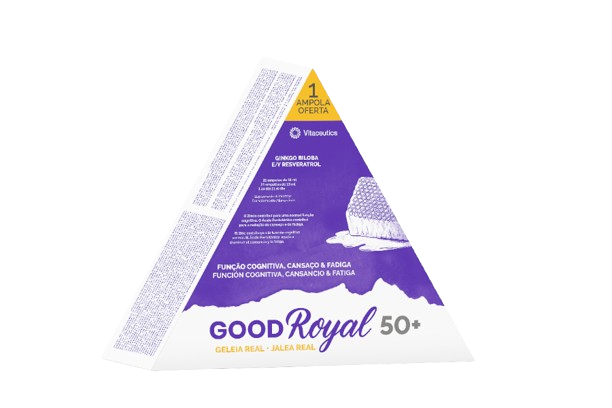 Good Royal 50+ 21 Ampolas Embalagem triangular do produto GOODRoyal 50+ com geleia real, texto em português e espanhol, fundo branco e roxo.