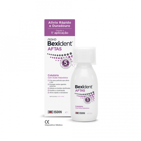 Bexident Aftas Colutório 120ml Frasco e embalagem do colutório Bexident AFTAS branco com texto roxo e negro