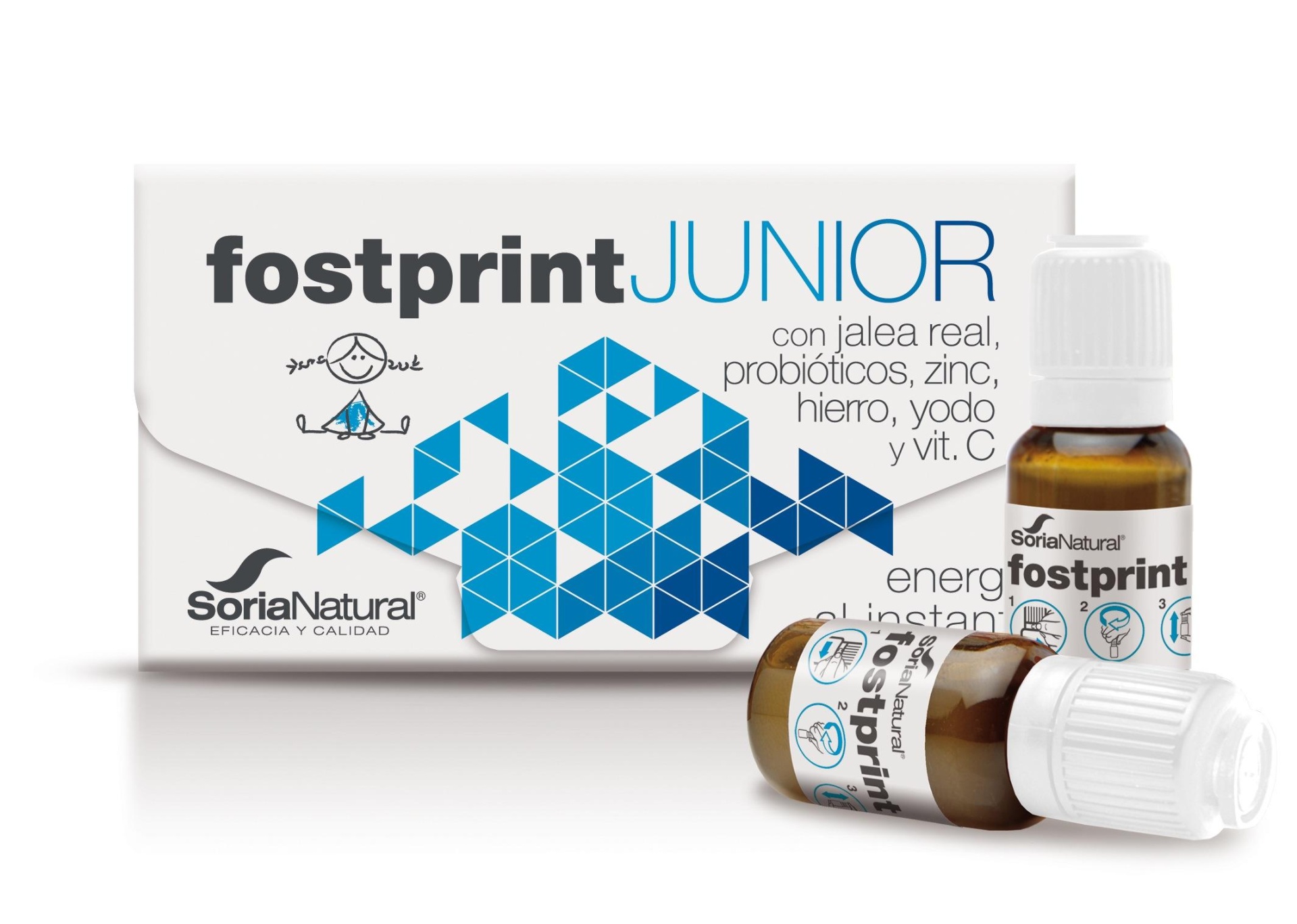 Fost Print Junior 20 Ampolas Suplemento Fostprint Junior com embalagem branca e padrão geométrico azul