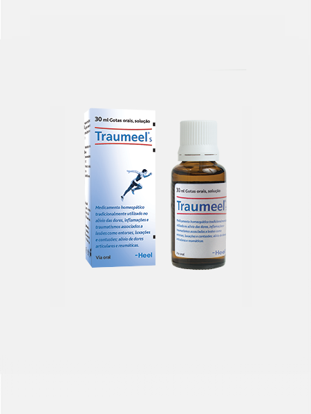 Traumeel S gotas 30ml Frasco e caixa do medicamento Traumeel em fundo branco