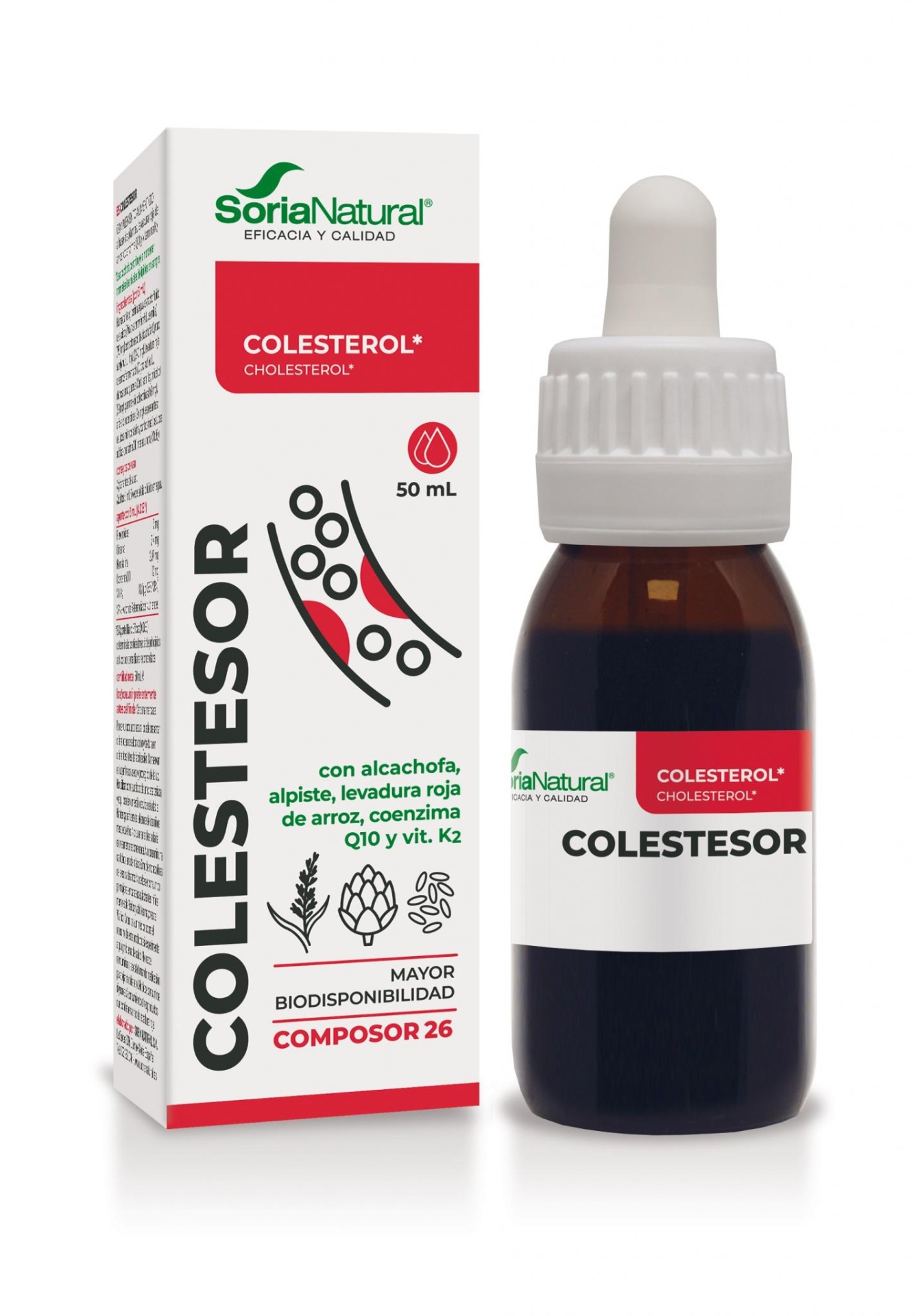 Composor 26 - Colestesor 50mL Frasco de vidro castanho com tampa conta-gotas e embalagem branca e vermelha de suplemento para colesterol