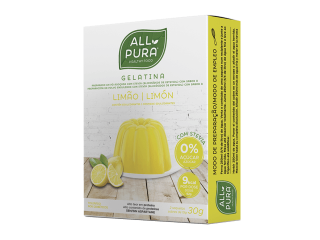AllPura Gelatina de Limão 30g (2x15g) Embalagem de gelatina de limão branca e amarela da ALLPURA com imagem do produto em gelatina amarela e limão.