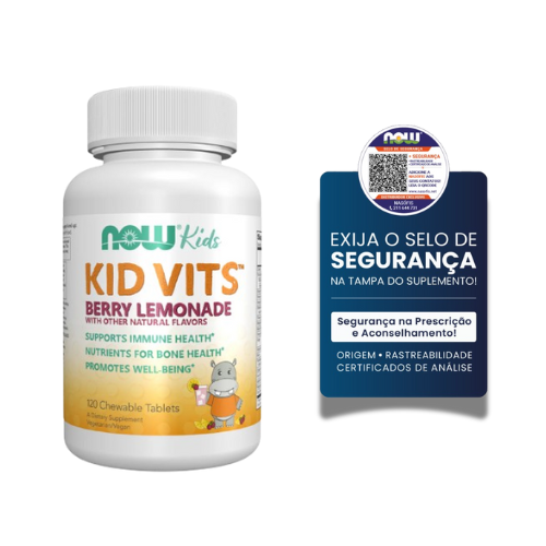 Now® Kids Vits Berry Blast 120 Comprimidos mastigáveis Frasco de vitaminas para crianças NOW Kids KID VITS Berry Lemonade com selo de segurança.