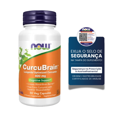 Now® Curcubrain 400mg 50 Capsules Frasco de suplemento CurcuBrain com selo de segurança na tampa