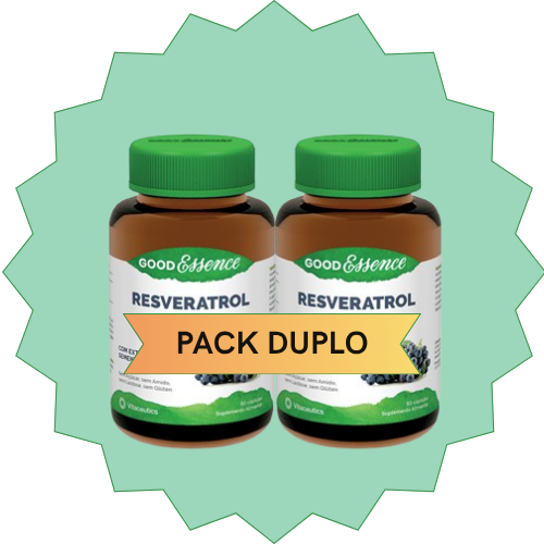 Pack Good Essence Resveratrol 60 Cápsulas Pack duplo de suplementos RESVERATROL com tampas verdes e rótulos coloridos