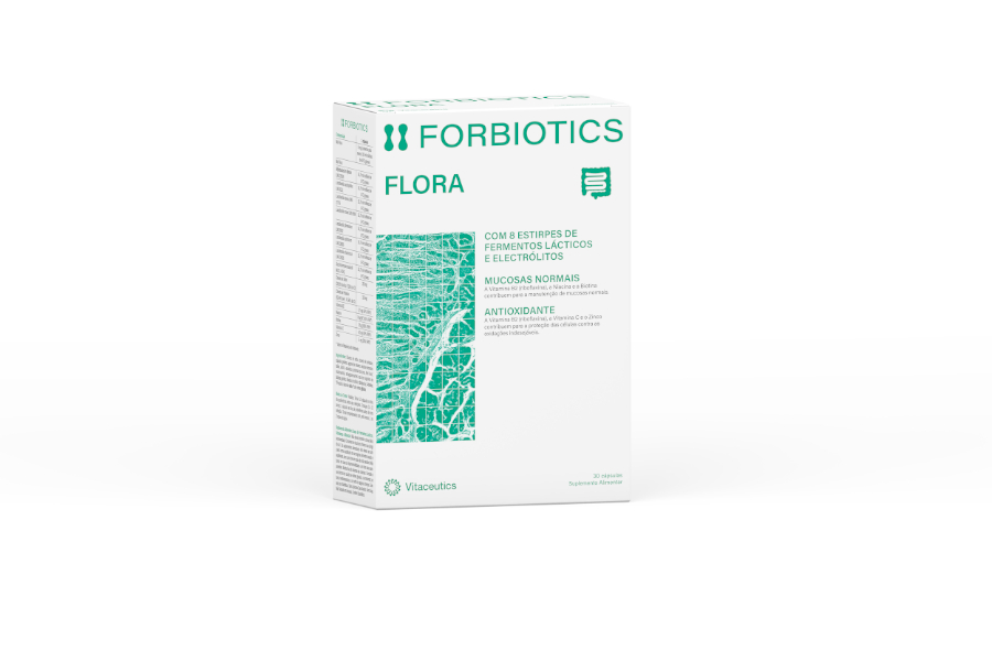 Forbiotics Flora 30 cápsulas Caixa de suplemento FORBIOTICS FLORA de cor branca com texto verde e ilustração abstrata verde