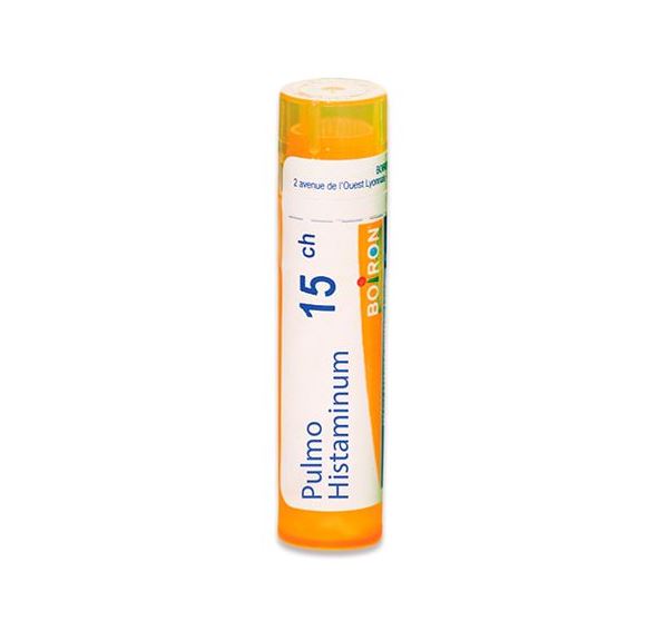 Pulmo Histaminum 15ch Frasco laranja de medicamento Pulmo Histaminum 15CH BORON com tampa amarela.