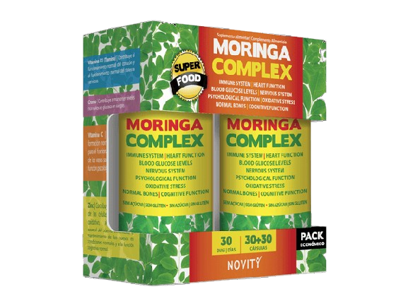 Moringa Complex 30+30 Cápsulas Embalagem de suplemento alimentar Moringa Complex com design verde e amarelo e texto 'SUPER FOOD'