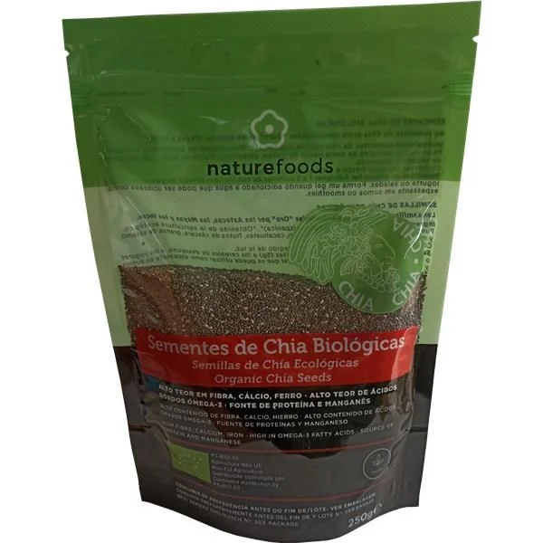Sementes de Chia 250g Embalagem verde e preta de sementes de chia biológicas naturefoods 250g