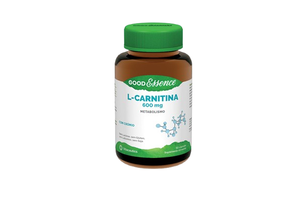 Good Essence L-Carnitina 600mg 60 Cápsulas Frasco castanho de suplemento L-Carnitina com tampa verde