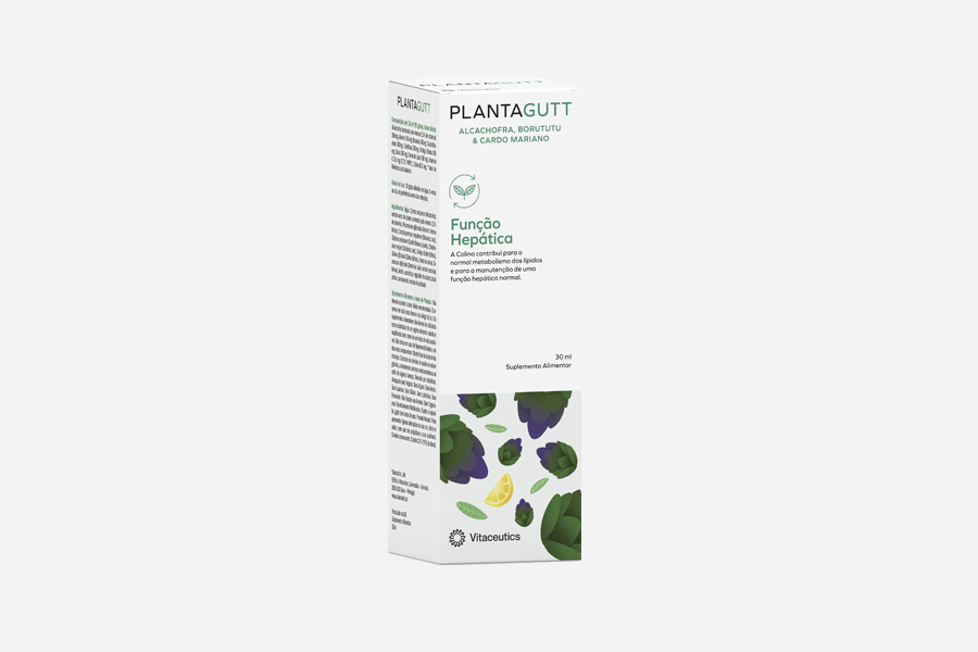 Plantagutt gotas orais 30ml Embalagem de suplemento PLANTAGUTT com ilustrações de folhas verdes e roxas
