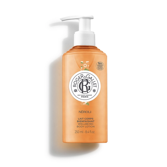 Roger&Gallet Leite de Corpo - Néroli 250ml Frasco doseador laranja de loção corporal Roger & Gallet Néroli sobre fundo branco