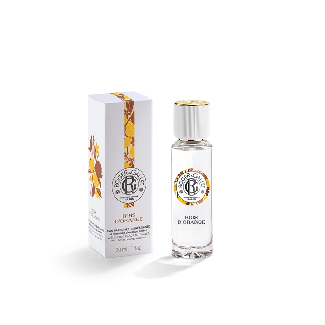 Roger&Gallet Perfume - Bois d'Orange 30ml Frasco e caixa do perfume Bois d'Orange da Roger & Gallet com design branco e ilustrações laranja e amarelas