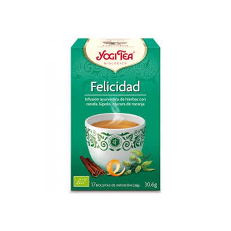 Yogi Tea Felicidade 17 Saquetas Caixa verde de chá Yogi Tea Felicidad com chávena decorada, canela e ingredientes